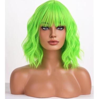 Imagem de BERON Peruca Verde Neon Para Mulheres, Peruca Curta Cacheada Com Franja, Cabelo Ondulado Verde Brilhante Para Meninas, Peruca Sintética Feminina De 12'' Para Uso Diário Ou Cosplay