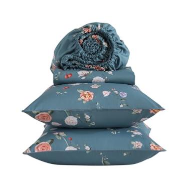 Imagem de Puralens Jogo de lençol floral rosa luxuoso para meninas e mulheres, azul claro, 100% algodão percal, macio, rosa roxa, chique, lençol com elástico, qualidade premium de hotel, casal, 4 peças