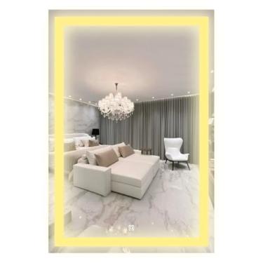 Imagem de Espelho Retangular Com 3 Tons de LED - Grande de parede moderno jateado lapidado decorativo com iluminação e Botão Sensor touch screen (3 cores de Luz - LED QUENTE, NEUTRO E FRIO) (30x40cm)