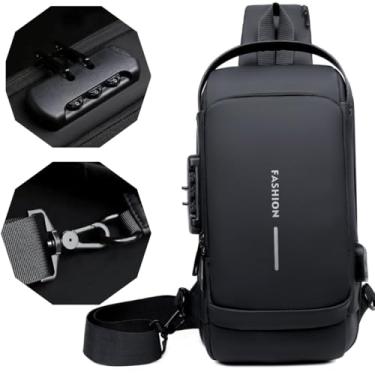 Imagem de Bolsa Masculina Pochete de Couro Antifurto, Impermeável, com USB, Transversal, Couro, Anti-Roubo, Esportiva, Academia (Preto)