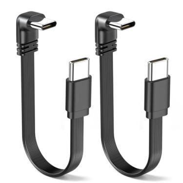 Imagem de 2 pacotes de cabo de ângulo reto plano USB C para USB C de 8 polegadas 90 graus USB macho para macho tipo C suporta carregamento rápido de 100 W, 400 Mbps, adequado para Switch, Samsung Mac Book,