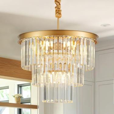 Imagem de Faibra Luminária Pendente De Cristal Dourado Com 8 Luzes, 3 Níveis, 17,76" Luxo, Perfeita Para Sala Jantar, Quarto, Cozinha E Estar