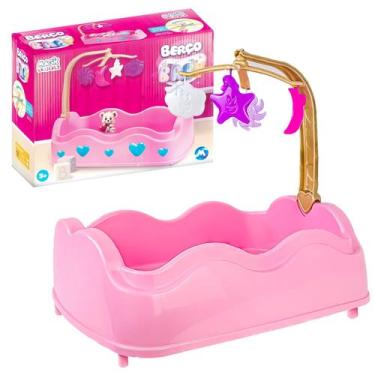 Imagem de Bercinho De Boneca Bebê Rosa Brinquedo Com Móbile Infantil Para Crianç