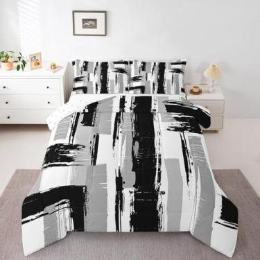 Imagem de Feelyou Conjunto de edredom geométrico cinza e preto para crianças, meninos, meninas, arte abstrata, moderna, tamanho Queen, listrado, geométrico, conjunto de cama para decoração de quarto, macio
