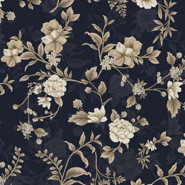 Imagem de Dimoon Papel de parede de 43 x 192 cm, papel de parede de contato floral azul escuro dourado vintage espessamento atualização flor em relevo amigável para locatário papel de parede moderno folha