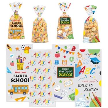 Imagem de 100 unidades de sacos de celofane para festa de volta às aulas sacos de doces transparentes com laços torcidos 4 designs de ônibus escolar, quadro-negro, letras ABC, sacolas de plástico para