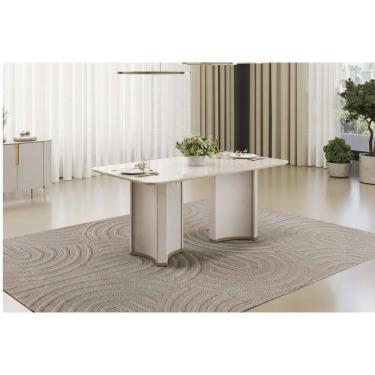 Imagem de Mesa p/ Cozinha Liz c/ Tampo Madeirado c/ Vidro Curvo 180x100cm Off White/Off White - DJ Móveis