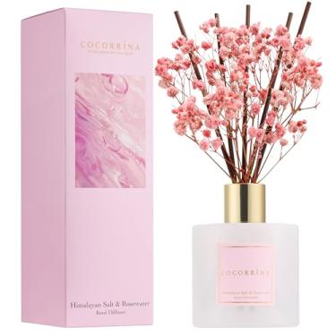 Imagem de COCORRÍNA Difusor de palheta – Conjunto de difusor de palheta de sal e água de rosas do Himalaia com varetas e hálito preservado do bebê, difusor de palheta para decoração de prateleira de banheiro