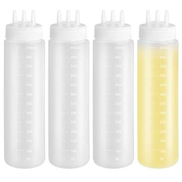 Imagem de 4 peças, espremedor de garrafa de molho de 3 furos, garrafa de espremer de 680 g com escala, frascos de espremer condimentos com bocal tri-cone, garrafas de plástico para xarope, ketchup, molho, óleo