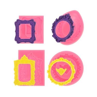 Imagem de 4 peças de moldes de silicone rosa para moldura fotográfica, estilo barroco, moldes de argila seca ao ar, mini moldes de silicone para cupcake, decoração de bolo, doces de chocolate