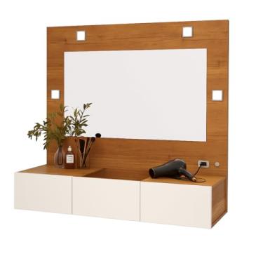 Imagem de Penteadeira Suspensa Camarim Sophia com Espelho, Gaveta, Tampo de Vidro e Luz LED – Design Moderno para Maquiagem e Organização