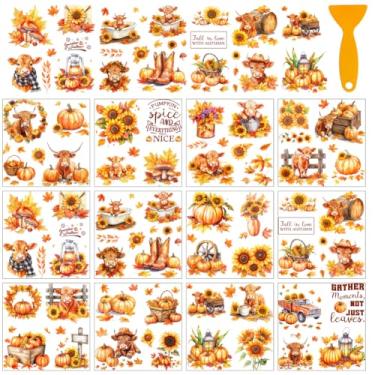 Imagem de AHANDMAKER 12 folhas de adesivos de transferência com raspador, adesivos de vaca rústica, papel de janela de transferência de abóbora e girassol para livraria doméstica, decoração de janela, 14 x 14