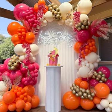 Imagem de 152pcs Hot Pink and Orange Balloon Garland Arch kit with Boho Nude Metallic Gold Chrome Pastel Latex Balloons for Fall Baby Shower Wedding Birthday Party Decoration
