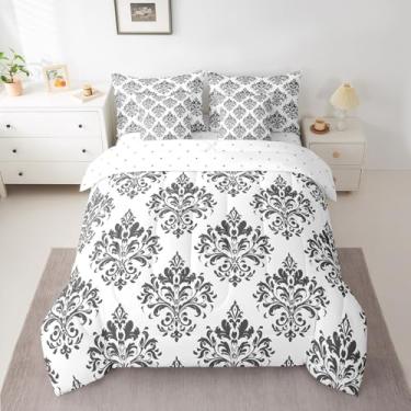Imagem de Conjunto de cama de casal vintage jacquard em uma bolsa, damasco, floral, 7 peças, ultraexótico, floral, conjunto de edredom com lençóis, fronhas e fronhas, branco, cinza, preto, antigo, decoração de