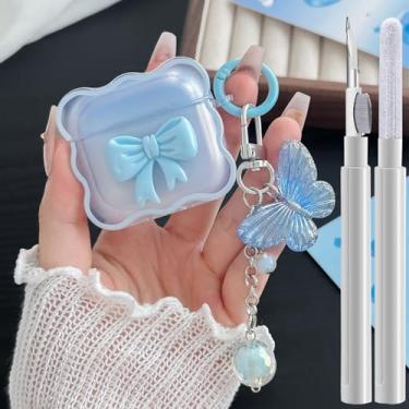 Imagem de Compatível com AirPods 4 capa transparente azul celeste, padrão de arco 3D projetado para iPods 4 capas com chaveiro de borboleta fofo, capa protetora de TPU macio à prova de choque e kit de limpeza
