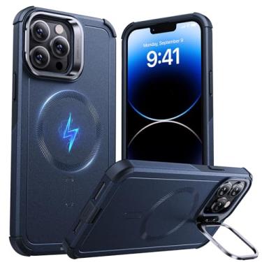 Imagem de Capa ESR série Cyber para iPhone 13 Pro com suporte, proteção de nível militar contra quedas de 7 metros, capa magnética resistente, compatível com acessórios MagSafe, azul