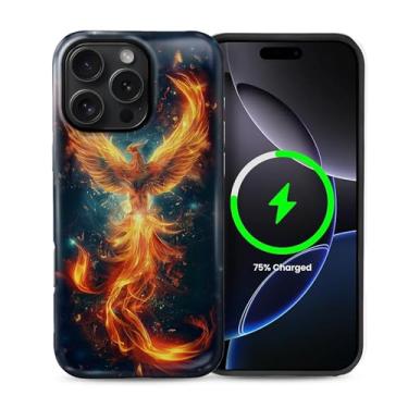 Imagem de Punmada Capa para iPhone 16 Pro Max para MagSafe, capa rígida híbrida à prova de choque de silicone para iPhone 16 Pro Max Spread Wings Fire Phoenix