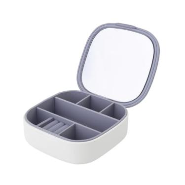 Imagem de Porta Joias Feminino Premium Com Espelho Caixa Organizadora Compacta 10x10cm Moderna Charmosa Elegante Sofisticada Prática Portátil Ideal Para Anéis Brincos Colares Viagem Presente Branco E Cinza