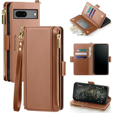 Imagem de Antsturdy Capa carteira para Google Pixel 7 com porta-cartão para mulheres e homens, capa para celular Google Pixel 7 com bloqueio de RFID, couro sintético, capa à prova de choque com alça com zíper e compartimentos para cartão de crédito, marrom claro
