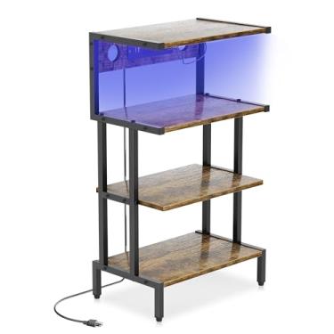 Imagem de Aquzee Prateleira para console de videogame, suporte estéreo – suporte de mídia com tomada e fita de LED, prateleira de jogos de 4 níveis para organizador de jogos PS4 PS5 Xbox, pequeno centro de