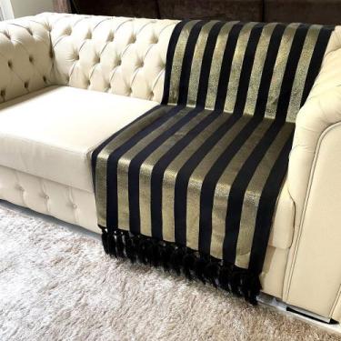 Imagem de Manta Para Sofá Tecido Jacquard Luxo Listrado Preto e Dourado 190x140c