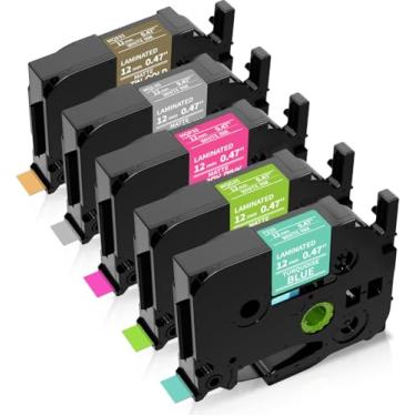 Imagem de MarkDomain Compatível com fita de substituição para Brother 12 mm 0,47 polegadas TZ TZe fita laminada multicolorida, para etiquetador P Touch PT D210 1230PC 1280, branco em verde/rosa/cinza/dourado/azul (pacote com 5)