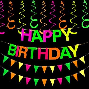 Imagem de PANRRPERS Decorações de festa neon que brilham no escuro faixa de feliz aniversário neon pendurado redemoinho triângulo decorações para aniversário, decoração de festa com luz negra