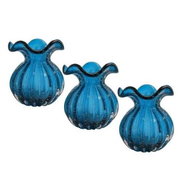 Imagem de Kit 3 Vaso de Vidro Murano Flor Plantas Arranjos Azul Trouxinha 10x11c