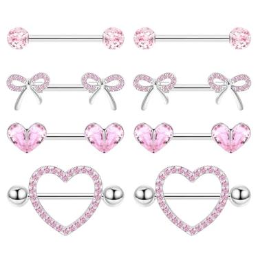 Imagem de Vegolita 4 pares de anéis de mamilo de titânio 14G G23 para mulheres, coração, barra e língua, conjunto de anéis de mamilo, zircônia cúbica, lindo laço, mamilos, piercing de joias, Titânio, Zircônia