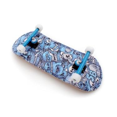 Imagem de SPITBOARDS® 34 x 96 mm Wood Fingerboard Complete Set-Up, Pre Assembled, 5-Layers Wood, Pro Trucks with Lock Nuts, CNC Bearing Wheels, Real Wear Graphics, Lasered Foam Grip Tape, Blue Mummy Skulls