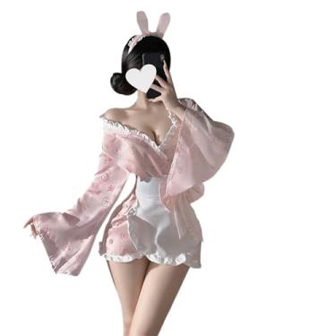Imagem de SENJIY sexy kimono for women lingerie robe cosplay costume Floral Pattern short dress Cute Skirt open front Deep V-Neck Japanese Yukata Side Slit outfit Anime Roleplay Sleepwear Apron ear Pink