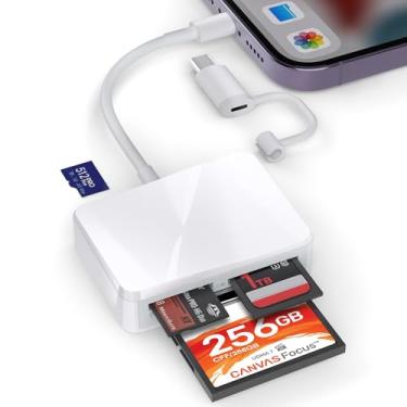 Imagem de TIANSONG Leitor de cartão SD para iPhone, 4 em 1 USB C e Lightning para CF/SD/MS/TF adaptador de cartão de memória para adaptador de câmera, visualizador de câmera de jogo de trilha para iPad, MacBook