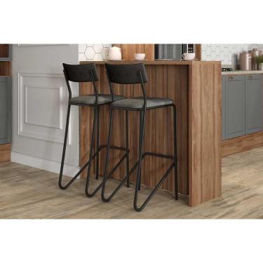 Imagem de Balcão Ilha Cozinha Gourmet Bella 2613 120cm e 2 Banquetas 1747 Nogal - Preto/Grafite - Preto - Carraro