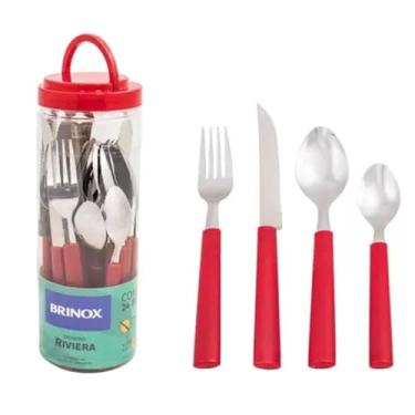 Imagem de Faqueiro 24 Peças em Aço Inox Riviera Vermelho com Pote de Plástico Brinox - 6025/752