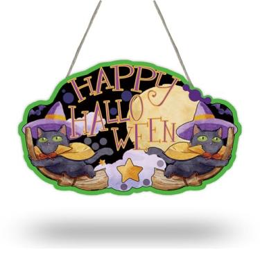 Imagem de Placa de Halloween de gato mágico - 15 cm x 25 cm decoração de parede rústica de casa de fazenda com corda de juta, perfeita para Halloween, casa de campo, casa, quarto, tema de bruxa, arte de parede