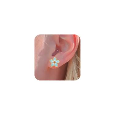 Imagem de Lindos brincos de flor azul pequeno com 5 pétalas para mulheres, brinco de flor exclusivo para presente leve para o dia a dia, Latão, Sem pedra preciosa