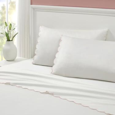 Imagem de Peri Home Jogo de cama de casal de 4 peças, 100% algodão respirável macio 300 fios com borda recortada bordada, 1 lençol de cima, 1 elástico, 2 fronhas, vieira rosa