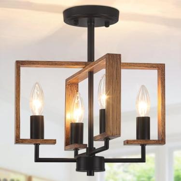 Imagem de Luminária de teto semi nivelada de 4 luzes, luminária de teto de fazenda luminária de corredor de madeira para cozinha ilha sala de jantar entrada lavanderia quarto