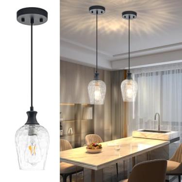 Imagem de JULiN HOME Luzes pendentes de vidro ilha de cozinha, luminária pendente preta de fazenda com sombra de vidro soprado à mão transparente, luminária suspensa de vidro martelado moderna para sala de