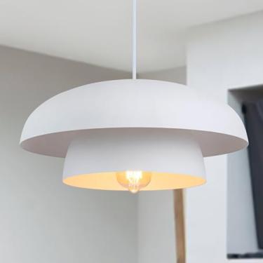 Imagem de Lingkai Luminárias pendentes modernas brancas de 39,9 cm, luminárias de cozinha, luminárias suspensas no teto, luminária pendente grande de fazenda para iluminação de ilha de cozinha, lâmpada