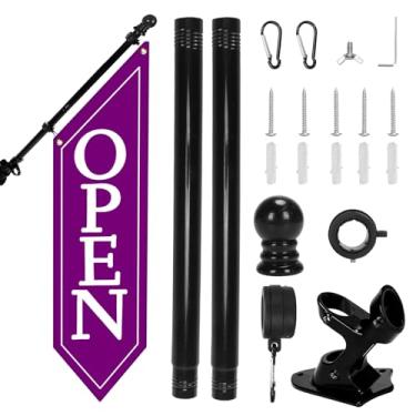 Imagem de Kit de bandeira aberta com mastro - Banner aberto de lona resistente para loja comercial, placa dupla face externa de 106 x 30 cm com suporte - Sinalização publicitária para varejo e lojas (Roxo)