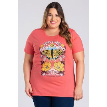Imagem de T-shirt Feminina Plus Size Malha Algodão Estampada "PEACE & LOVE" - Se