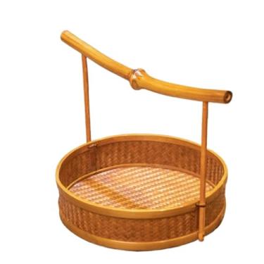 Imagem de Bandeja de chá feita à mão com alça antiga de bambu trançado, nova tigela de lanche estilo chinês, bacia de frutas, bandeja de chá, caixa de armazenamento estilo japonês(Round)