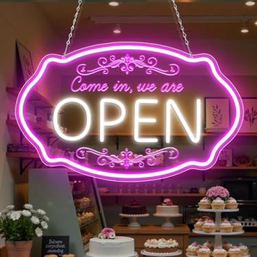 Imagem de Placa LED neon aberta para empresas, 40 x 25 cm, sinal "Come in We're Open", luzes neon de brilho ajustável rosa e branco para festas, bares, salões, hotéis, decoração de parede de hotel, clubes e