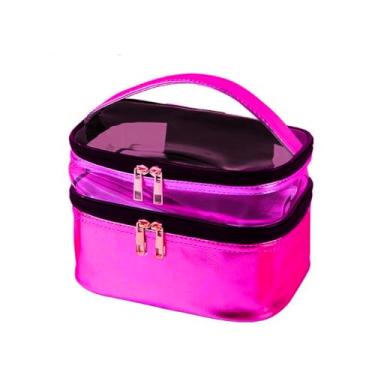 Imagem de Necessaire Estojo Organizadora Grande Bolsa De Cosméticos Porta Maquiagem Viagem Com Alça (ROSA-PINK)