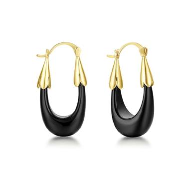 Imagem de YESLADY Brincos de argola de acrílico para mulheres, argolas grossas de resina banhada a ouro, brincos redondos ovais de lágrima leves, hipoalergênicos, divertidos, modernos, joias modernas, Metal