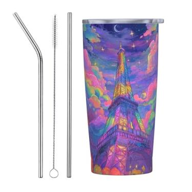 Imagem de Copo da Torre Eiffel de Paris com tampa e canudo 590 ml, copo de café isolado a vácuo, copos de aço inoxidável, caneca de viagem à prova de vazamento, presente para mulheres e homens