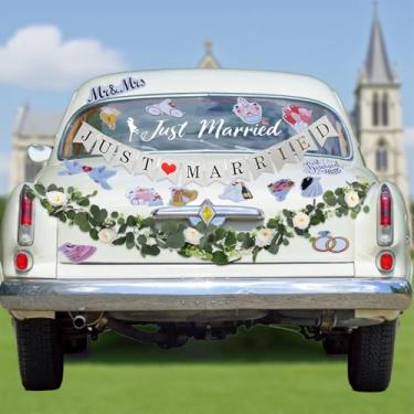 Imagem de Conjunto de 17 peças de decorações de carro recém-casado com 14 ímãs de carro de casamento recém casado janela aderente floral decalque cartolina placa banner para decoração de carro lua de mel