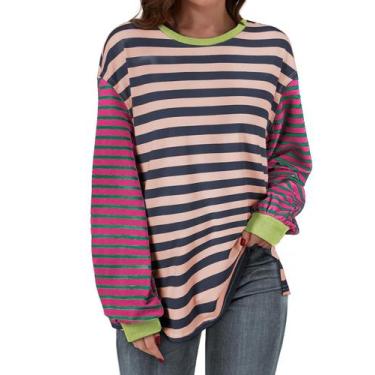 Imagem de Camisa feminina BLENCOT 2025 listrada de grandes dimensões, manga comp