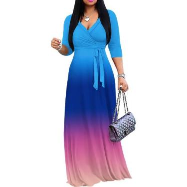 Imagem de Vestido maxi PinkPatty Gradient com decote em V, mangas 3/4, cinto, 2G